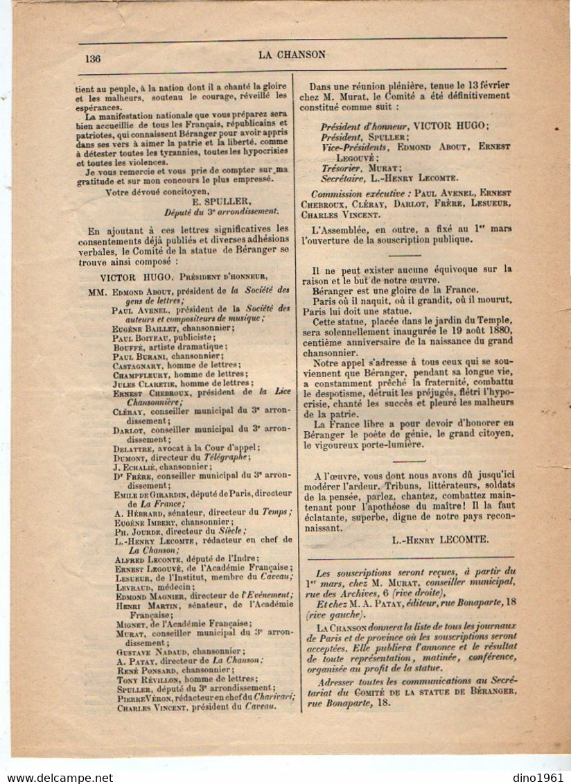 VP18.980 - PARIS 1879 - ¨ LA CHANSON ¨ Revue Bi - Mensuelle - La Statue De BERANGER ( Ami De Victor HUGO ) - Riviste - Ante 1900