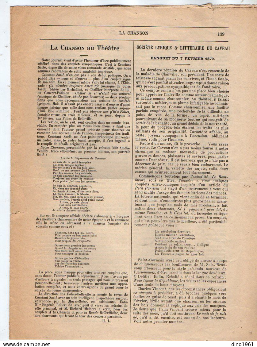 VP18.980 - PARIS 1879 - ¨ LA CHANSON ¨ Revue Bi - Mensuelle - La Statue de BERANGER ( ami de Victor HUGO )