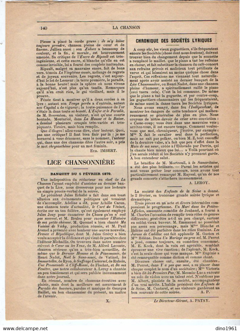 VP18.980 - PARIS 1879 - ¨ LA CHANSON ¨ Revue Bi - Mensuelle - La Statue de BERANGER ( ami de Victor HUGO )