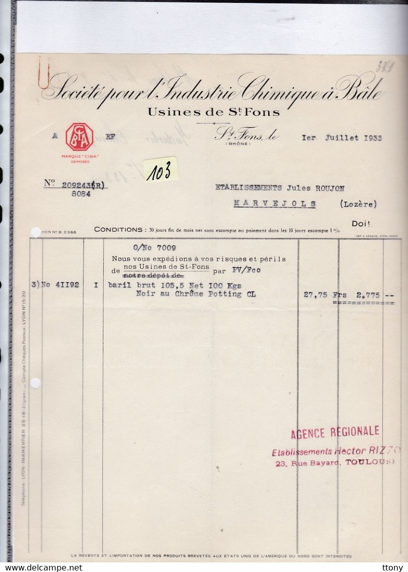 Une Facture  Ets :   Société Pour L'industrie  Chimique à Bâle  Usine De ST - Fons  1933 - Droguerie & Parfumerie