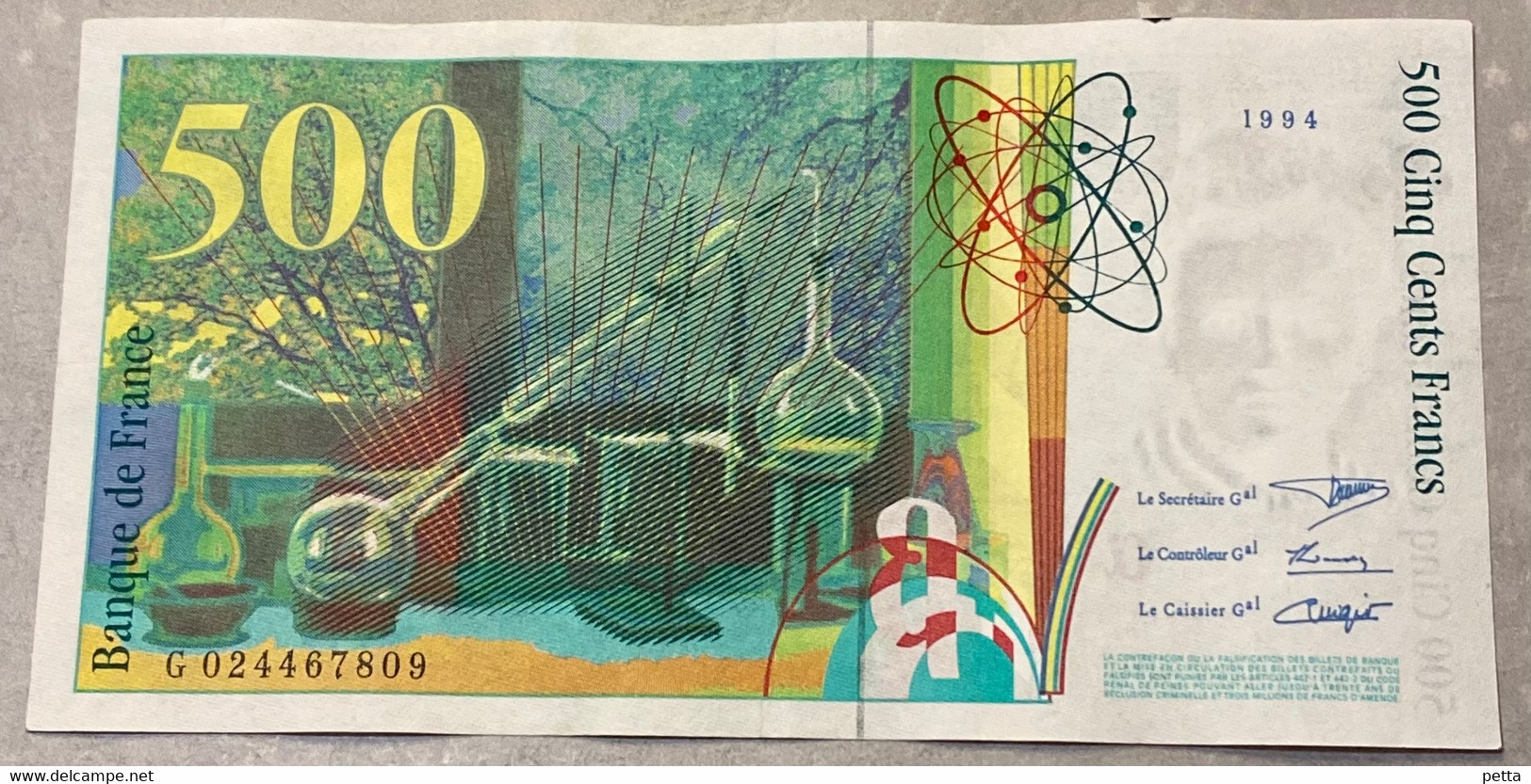 Billet De 500 Francs Pierre Et Marie Curie De 1994 / Alph G 024467809 / Vendu En L’état - 500 F 1994-2000 ''Pierre Et Marie Curie''