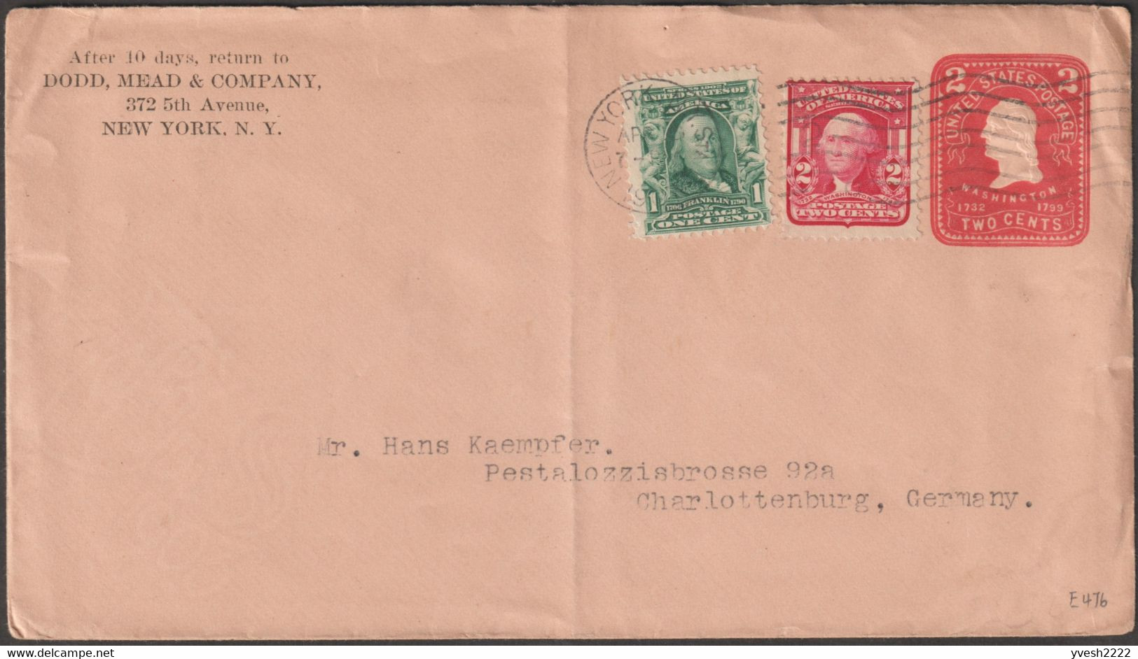 USA 1903. Entier Postal à 2 C G. Washington (U386), Impression Semi-officielle. Dodd, Mead & Company, éditeur 1839-1990 - 1901-20