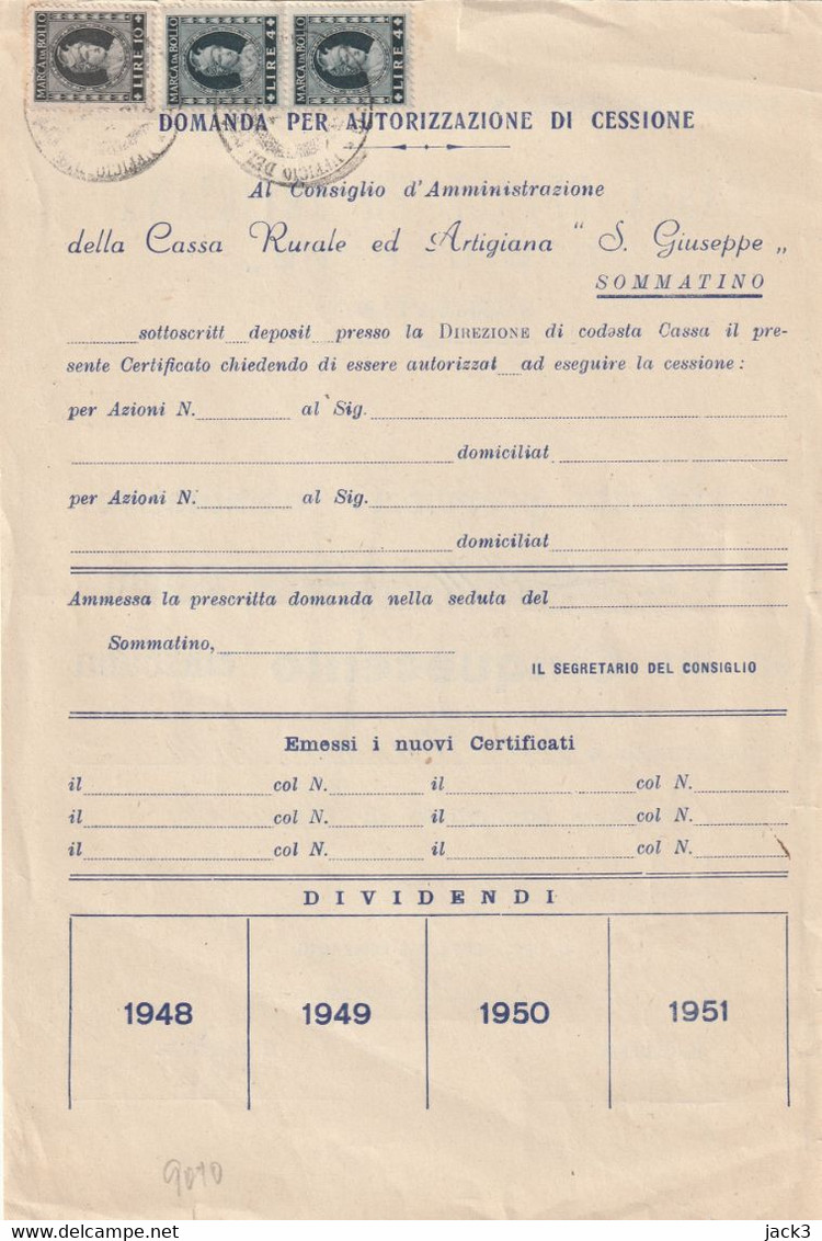 Certificato Provv. Nominativo N.8 Azioni £500 - Cassa Rurale Ed Artigiana - Sommatino (Caltanissetta) 1949 - Agriculture