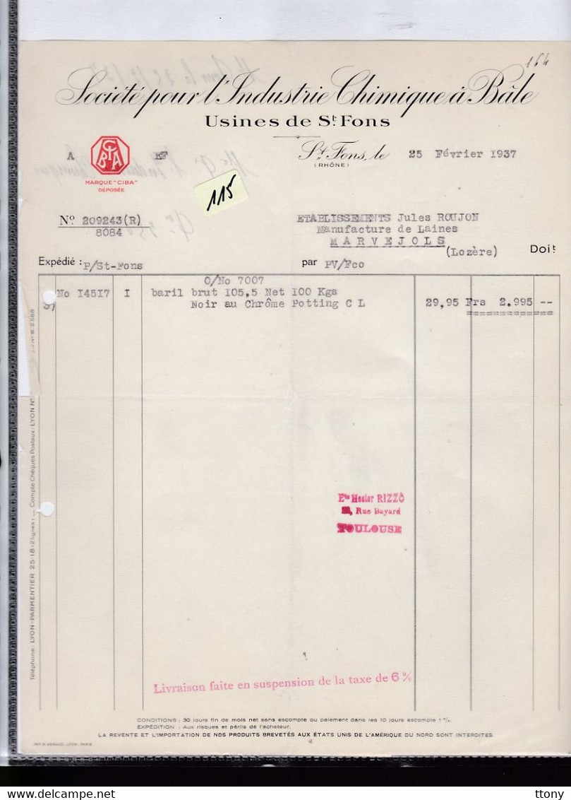 Une Facture  Ets :   Société Pour L'industrie  Chimique à Bâle  Usine De ST - Fons  1933 - Chemist's (drugstore) & Perfumery