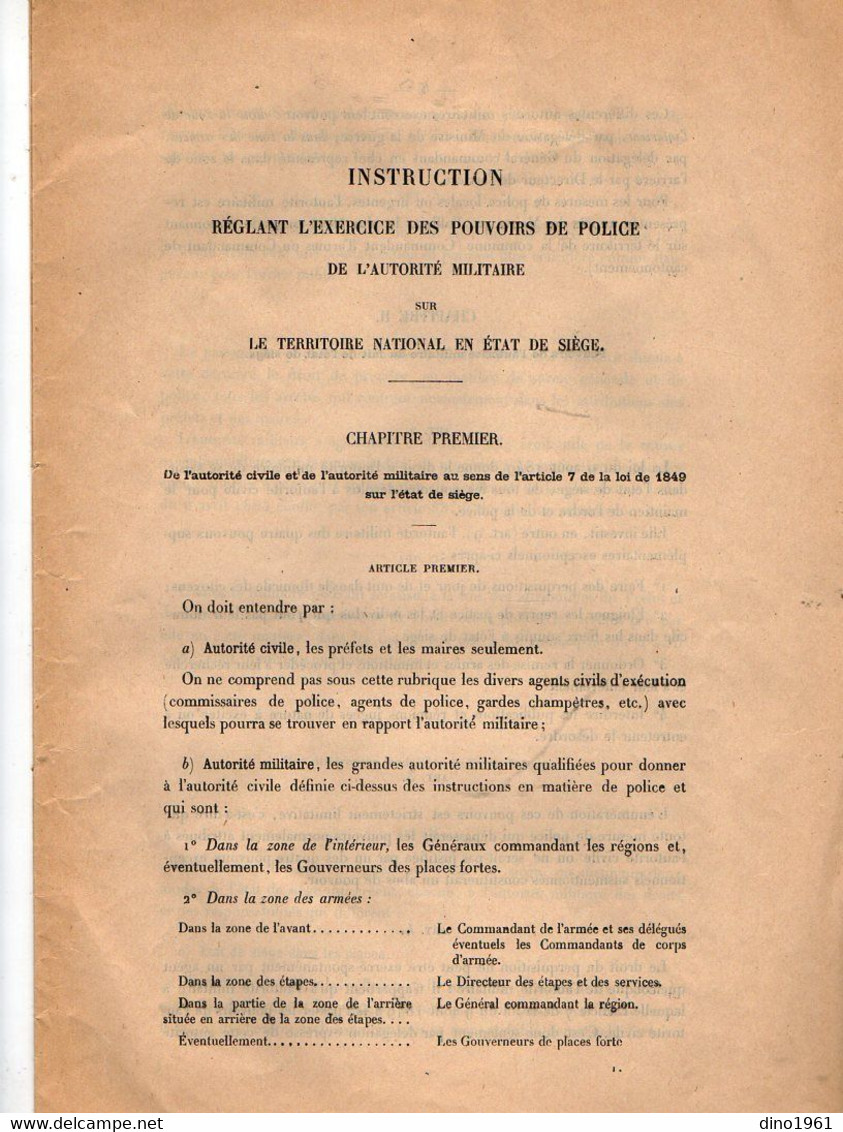 VP18.981 - 1913 - Ministère De La Guerre - Instruction / Pouvoirs De Police De L'Autorité Militaire ..en Etat De Siège - Documenti