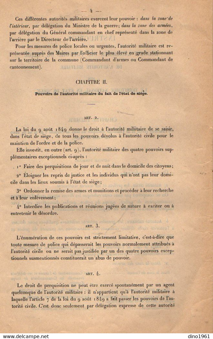 VP18.981 - 1913 - Ministère De La Guerre - Instruction / Pouvoirs De Police De L'Autorité Militaire ..en Etat De Siège - Documenti