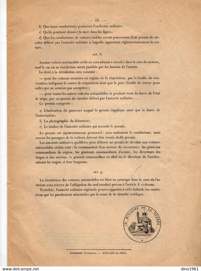 VP18.981 - 1913 - Ministère De La Guerre - Instruction / Pouvoirs De Police De L'Autorité Militaire ..en Etat De Siège - Documenten