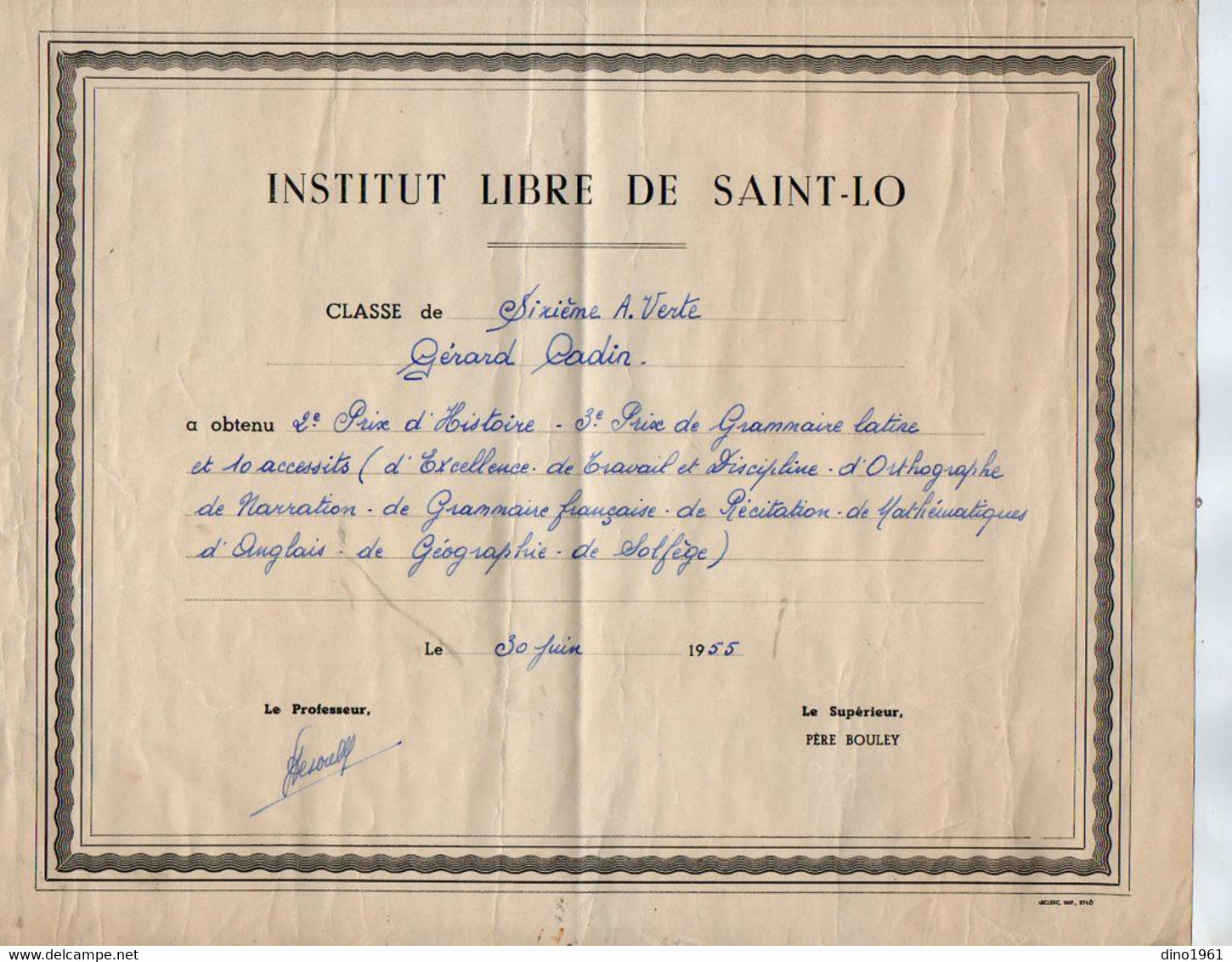 VP18.982 - 1955 - Institut Libre De SAINT - LO - Prix - Elève Gérard CADIN - Diplômes & Bulletins Scolaires