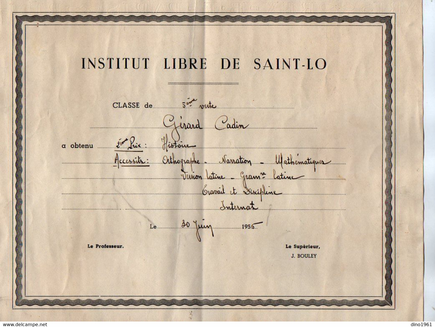 VP18.983 - 1956 - Institut Libre De SAINT - LO - Prix - Elève Gérard CADIN - Diploma's En Schoolrapporten