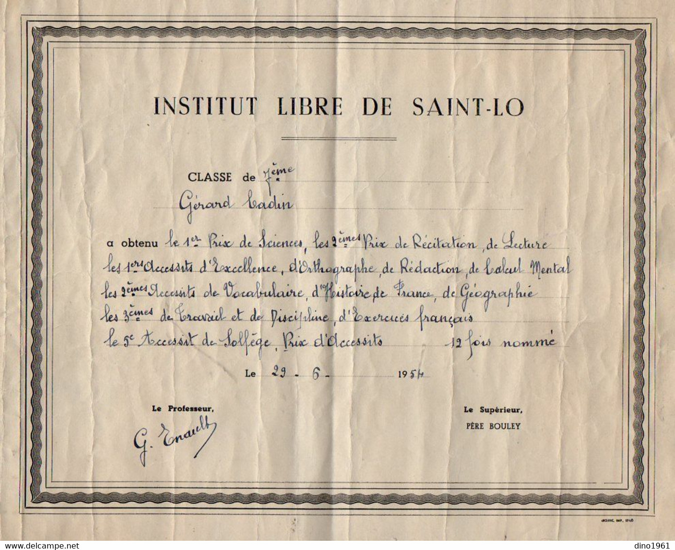 VP18.984 - 1954 - Institut Libre De SAINT - LO - Prix - Elève Gérard CADIN - Diplome Und Schulzeugnisse