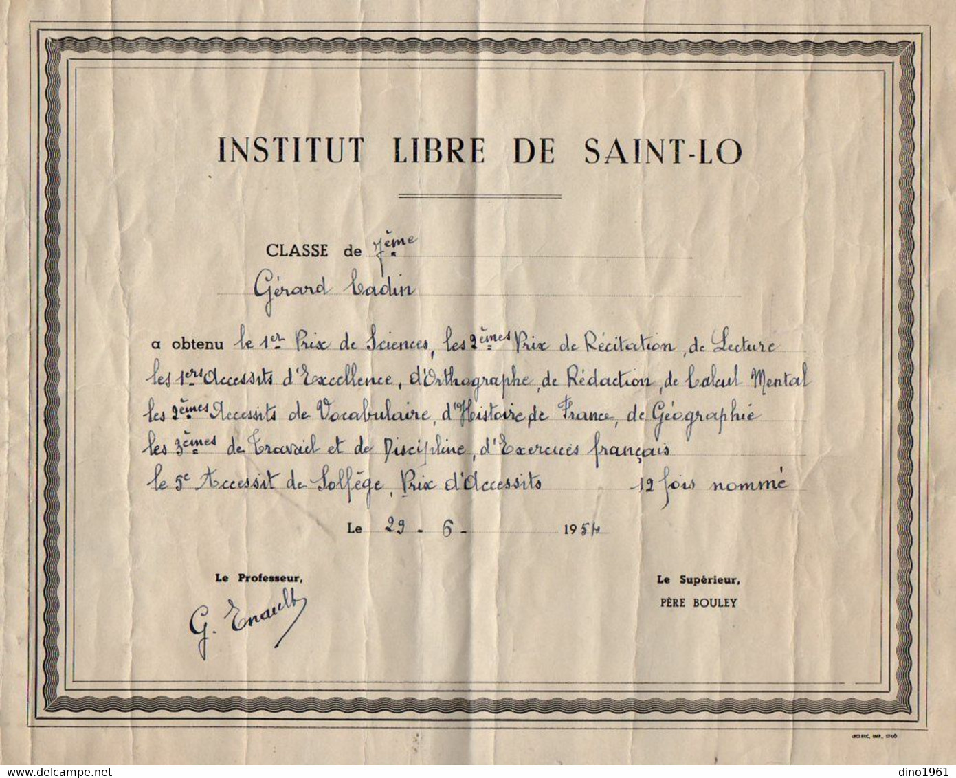 VP18.984 - 1954 - Institut Libre De SAINT - LO - Prix - Elève Gérard CADIN - Diplômes & Bulletins Scolaires