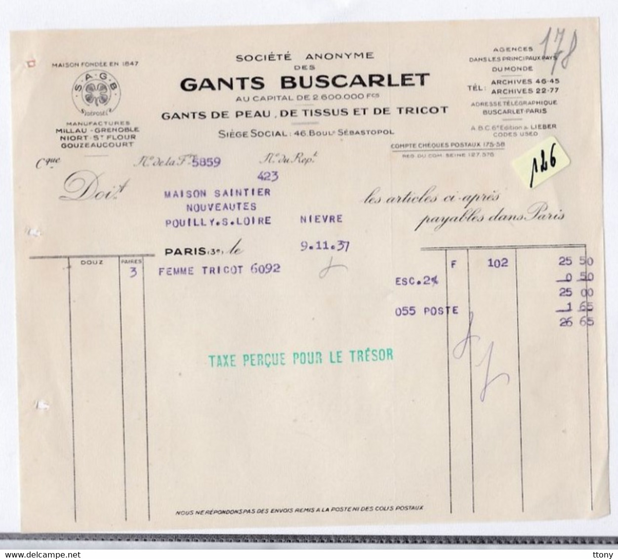 Une Facture  :   Ets  Société  Anonyme Des  Gants   Buscarlet    1937 - Droguerie & Parfumerie