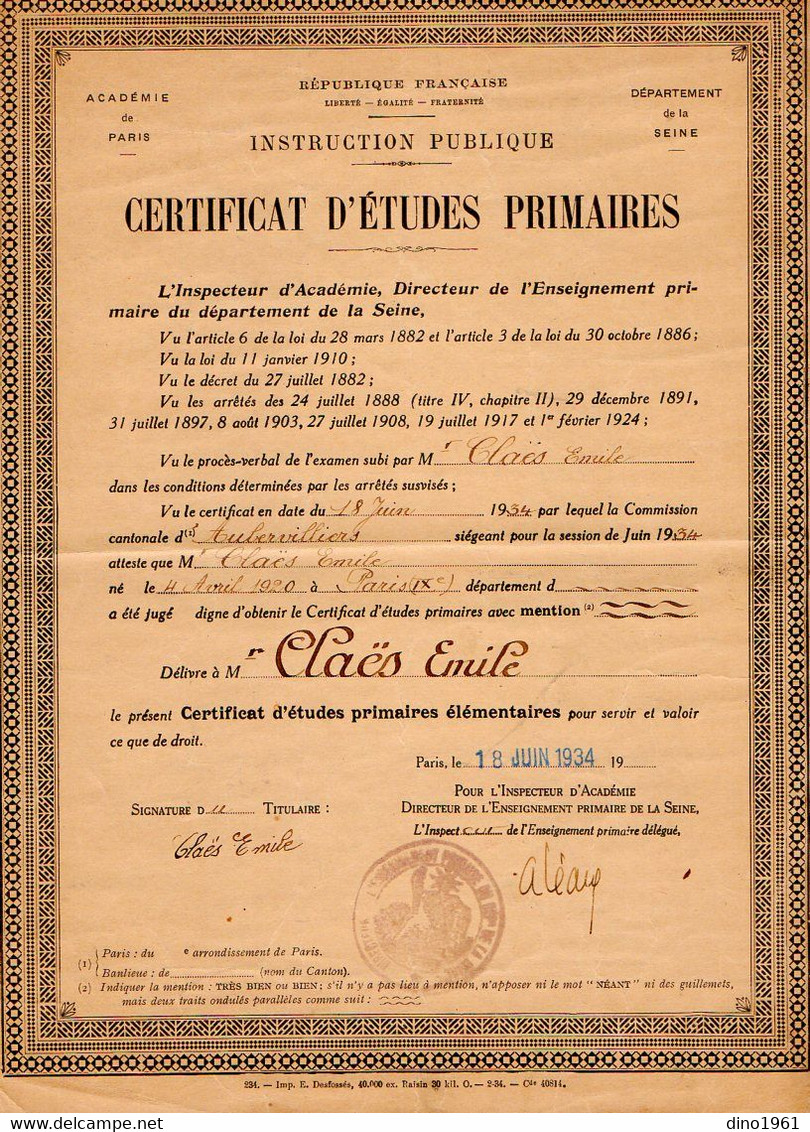 VP18.986 - PARIS 1934 - Certificat D'Etudes Primaires - Mr Emile CLAES - Diplomas Y Calificaciones Escolares