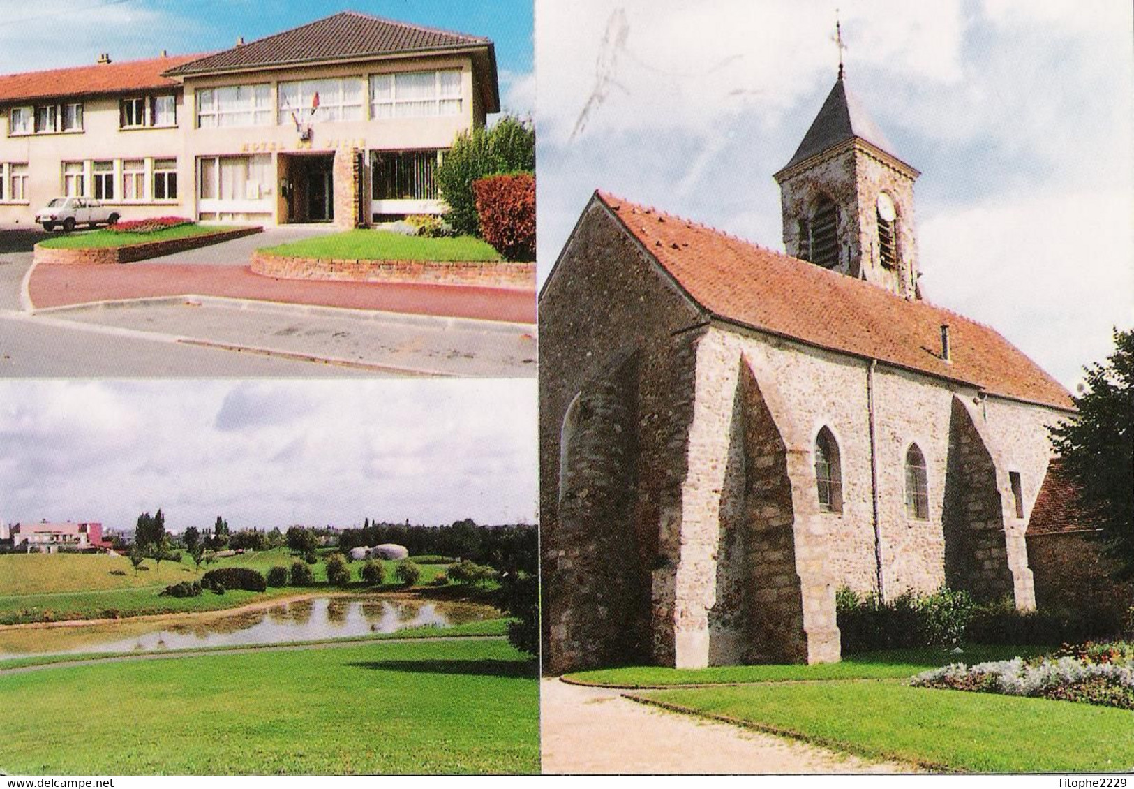 91 - BONDOUFLE - CPM - Multivues: église St Denis-St Fiacre, La Mairie, La Coulée Verte (voiture Simca 1100 ?) - Bondoufle