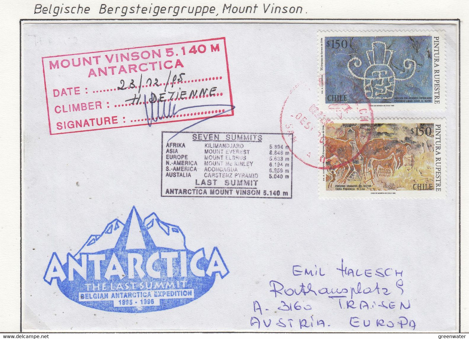 Mount Vinson 1995 Cover Climber H. Detienne 23/12/95 Signature  (AB217B) - Lettres & Documents