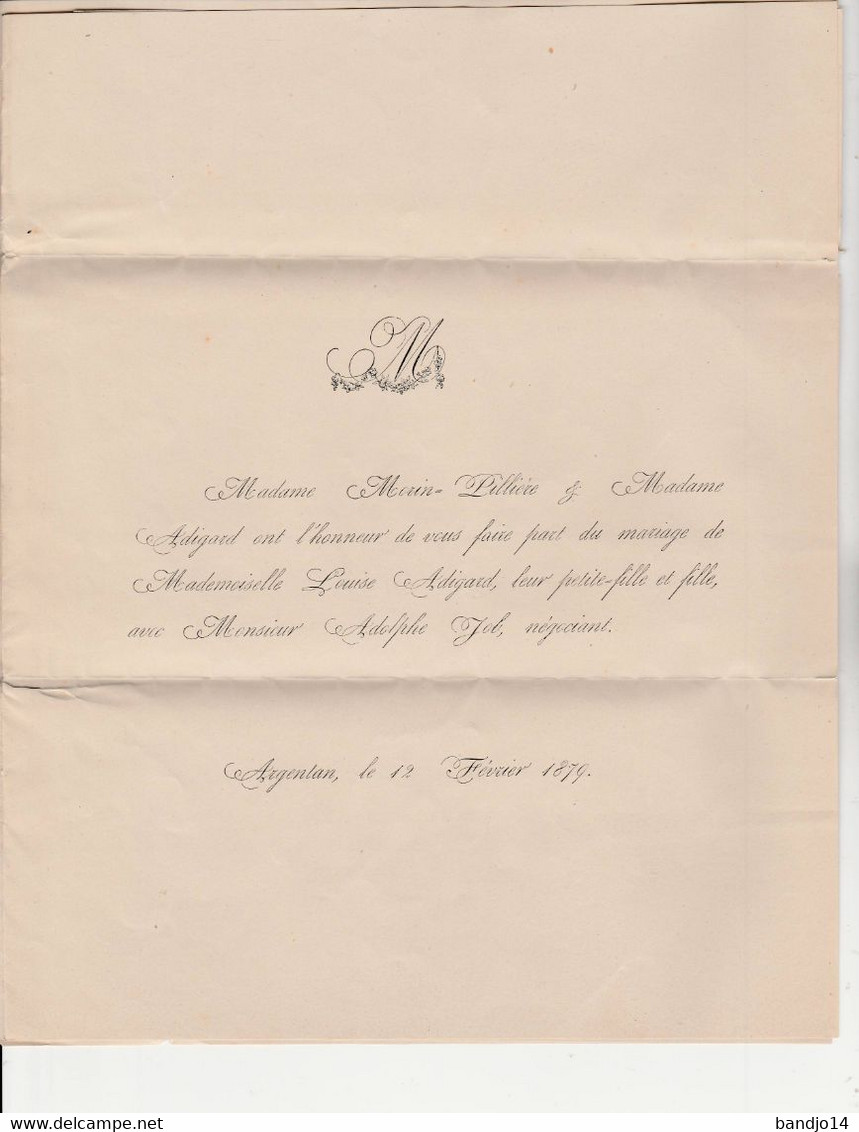 1879 - Faire Part De Mariage De Louise Adigard Et Adolphe Job - Huwelijksaankondigingen