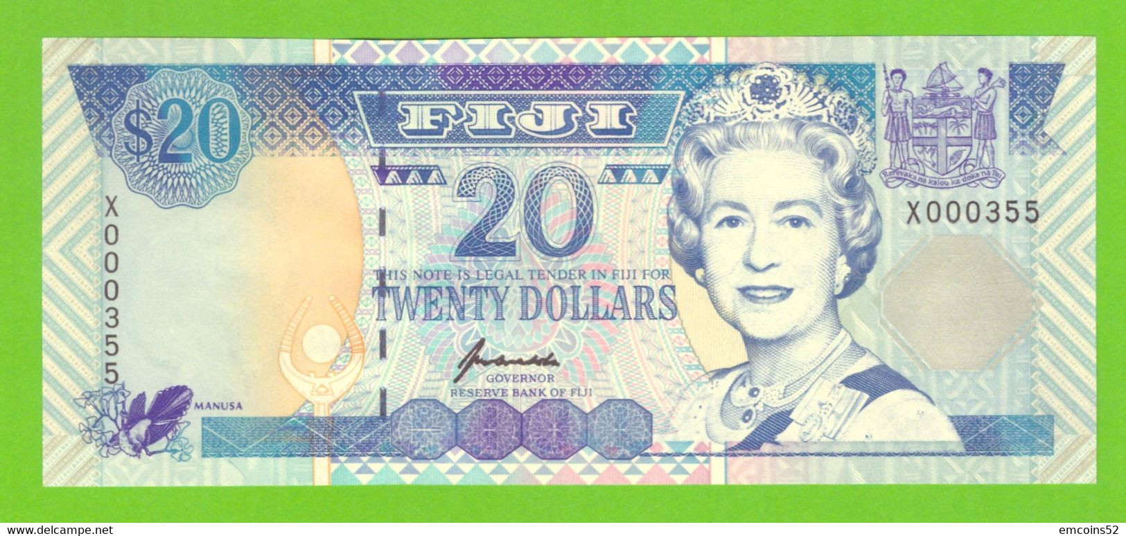FIJI 20 DOLLARS 1996  P-99a UNC  NUMBER X000355 - Fidji