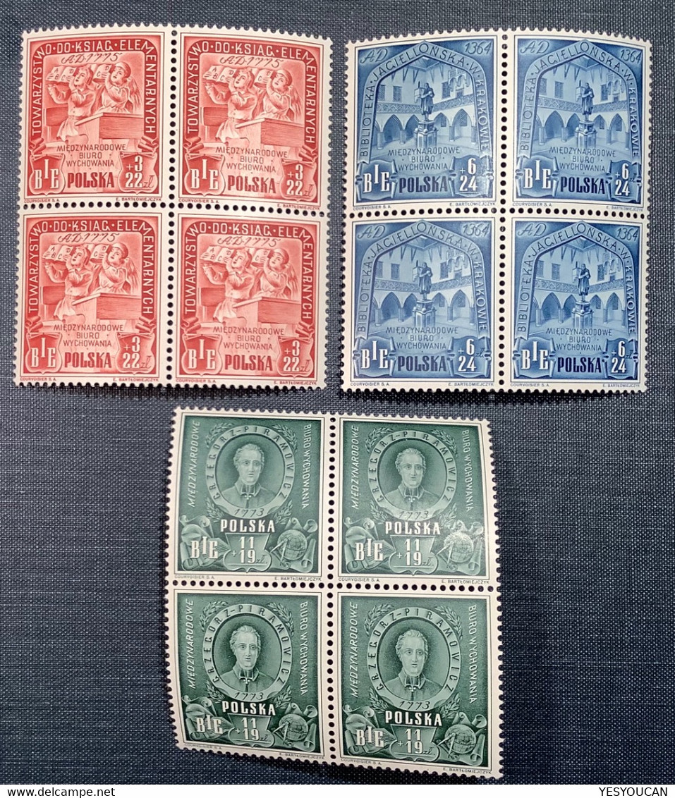 1946 Mi 445-447 (600€) XF MNH** Bloc Of Four Set BIE Bureau International D’ Education (Poland Polen Pologne UNO UN - Unused Stamps