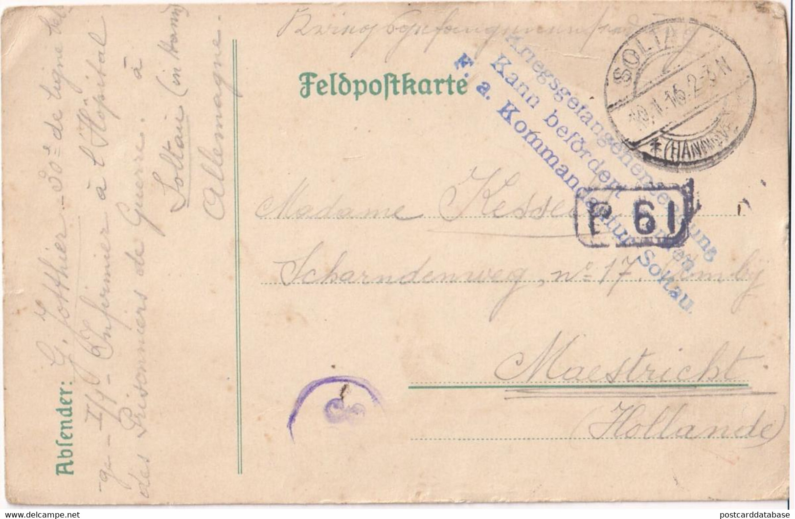 Feldpostkarte - Belgian Prisoner - Soltau To Maastricht - Soltau