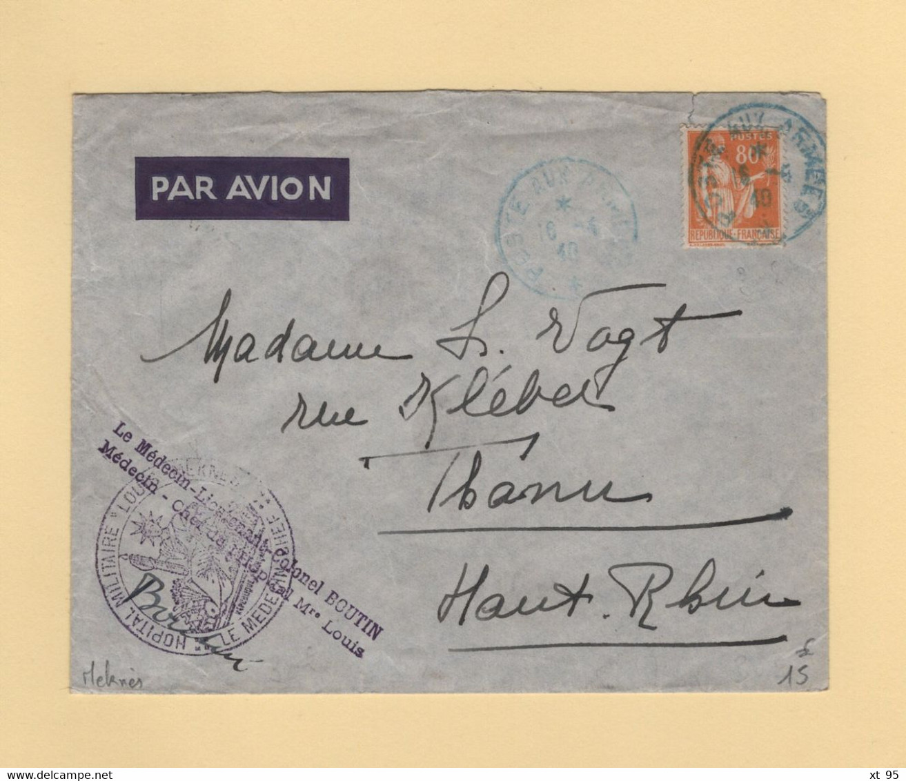 Type Paix - Poste Aux Armees (en Bleu) - 16-4-1940 - FM + Avion - Hopital Militaire Meknes Maroc - Guerre De 1939-45