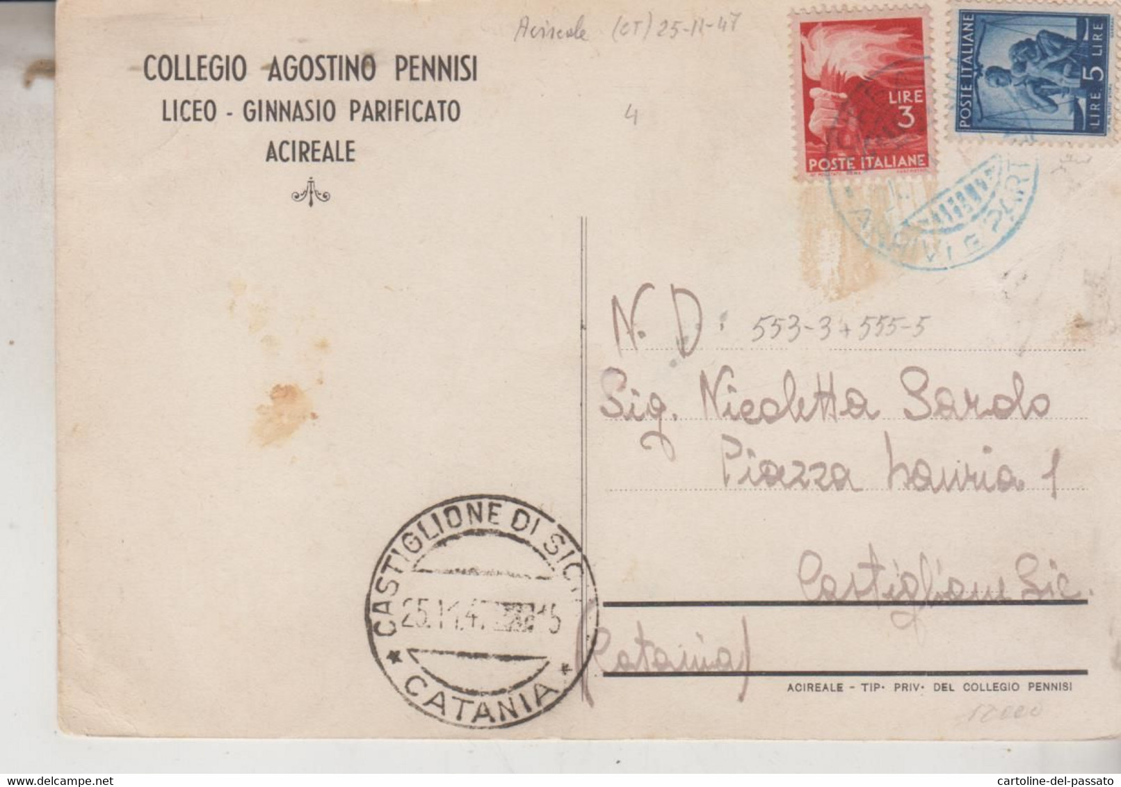 ACIREALE  CATANIA  COLLEGIO  AGOSTINO PENNISI  LICEO 1947 - Acireale