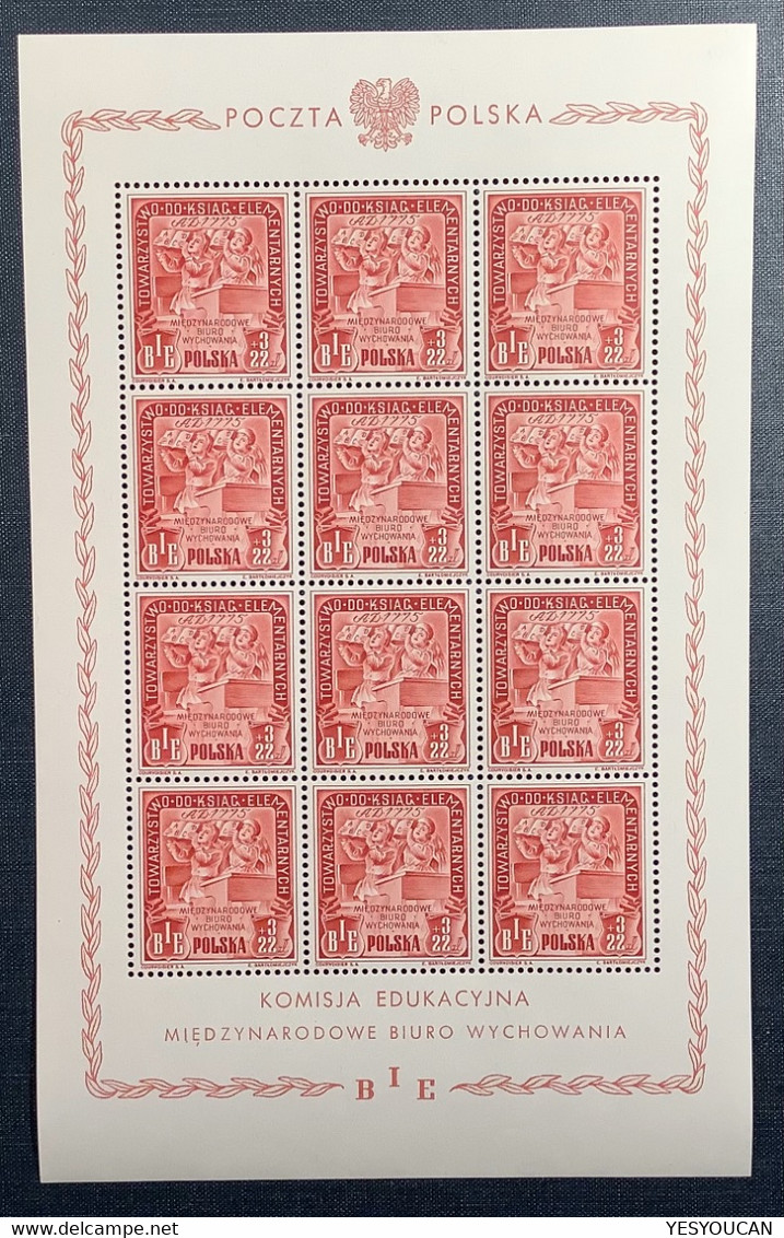 1946 Mi 445-447 (YT 2016€++) XF MNH** RARE Sheets BIE Bureau International D’ Education (Poland Polen Pologne UNO UN - Unused Stamps