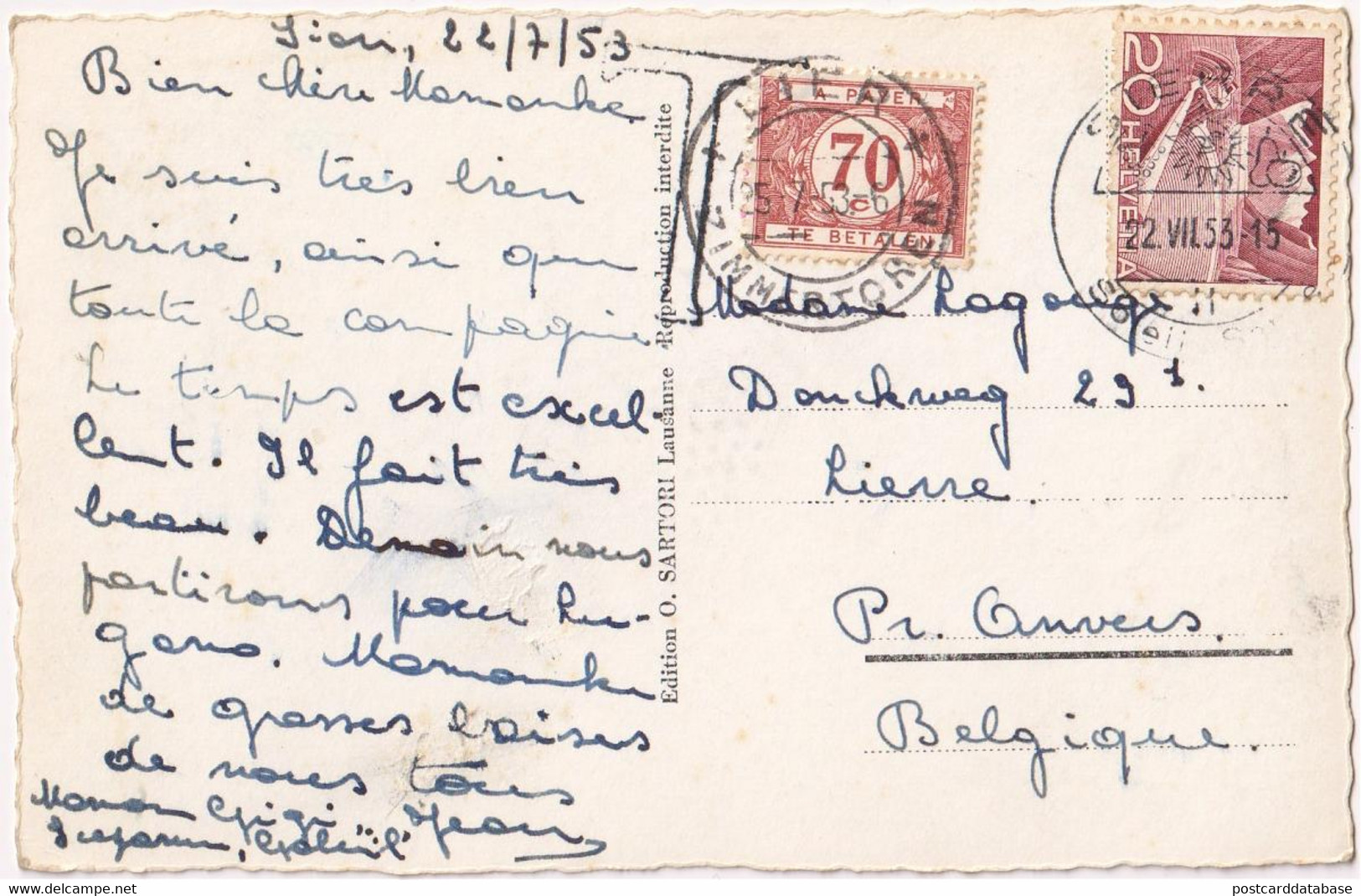 Postcard Sent From Sierre To Lier - Tax Stamp - Autres & Non Classés