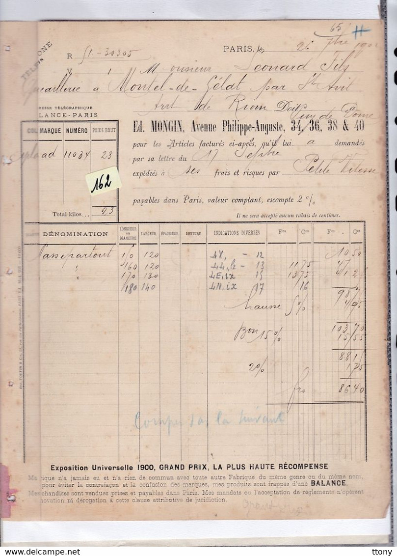 Facture : Ets  :  Ets :  ED . Mongin  Paris 1902  Avenue Philippe Auguste   Quincaillerie - Droguerie & Parfumerie