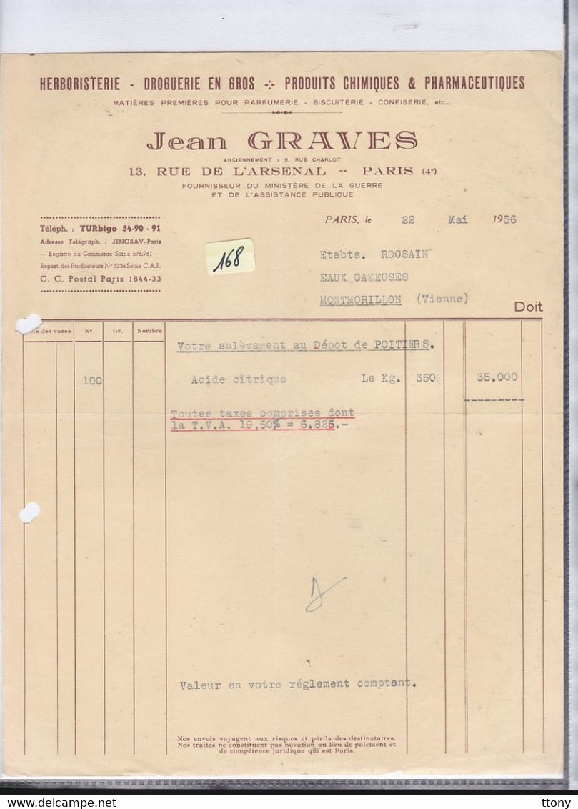 Facture : Ets  : Jean Graves    Herboristerie  Droguerie En Gros  Produits Chimiques Et Pharmaceutiques 1956 - Droguerie & Parfumerie