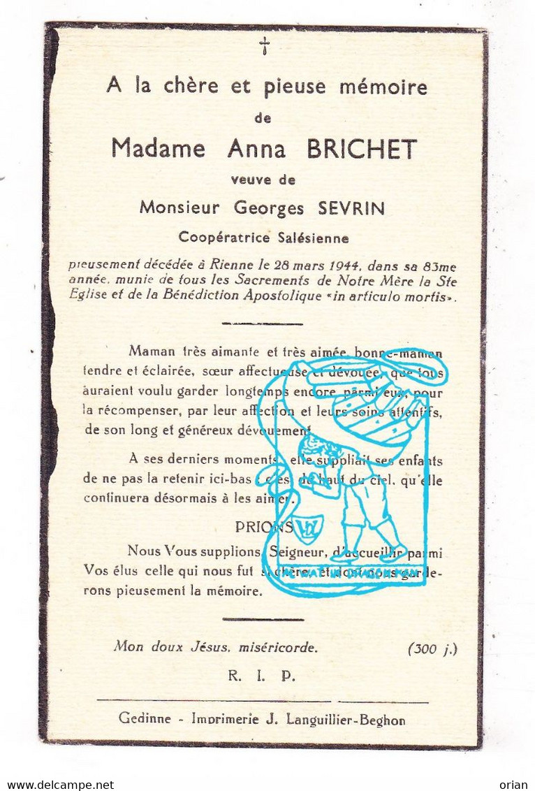 DP Anna Brichet ° 1861 † Rienne Gedinne 1944 X Georges Sevrin - Devotion Images