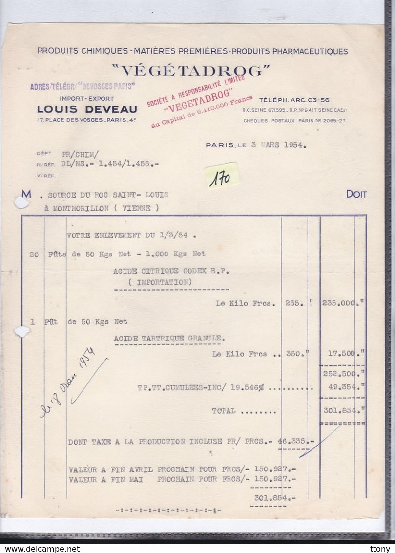 Facture : Ets  : Louis Deveau      "  Végétadrog "  Produit Pharmaceutiques   Place Des Vosges Paris 1954 - Droguerie & Parfumerie