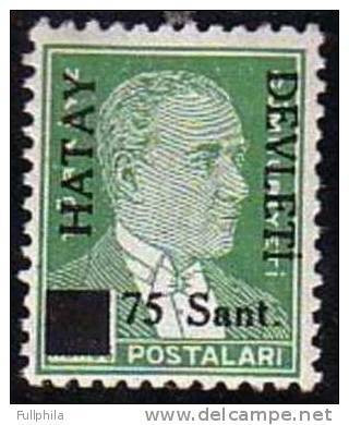 1939 TURKEY BLACK HATAY DEVLETI OVERPRINTED POSTAGE STAMP WITH THE PORTRAIT OF ATATURK (1st. Issue) MICHEL: 4 MNH ** - 1934-39 Sandjak Alexandrette & Hatay