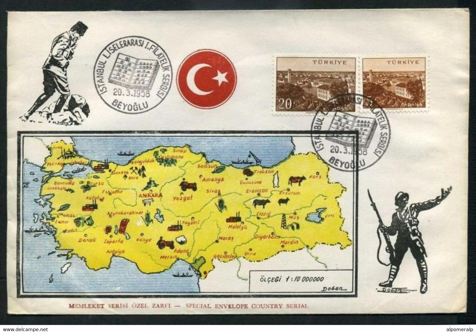 Turkey 1958 Philatelic Exhibition | Map And Flag Of Turkey, Soldier With Bayonet Rifle, Mar.20 | Special Postmark - Briefe U. Dokumente