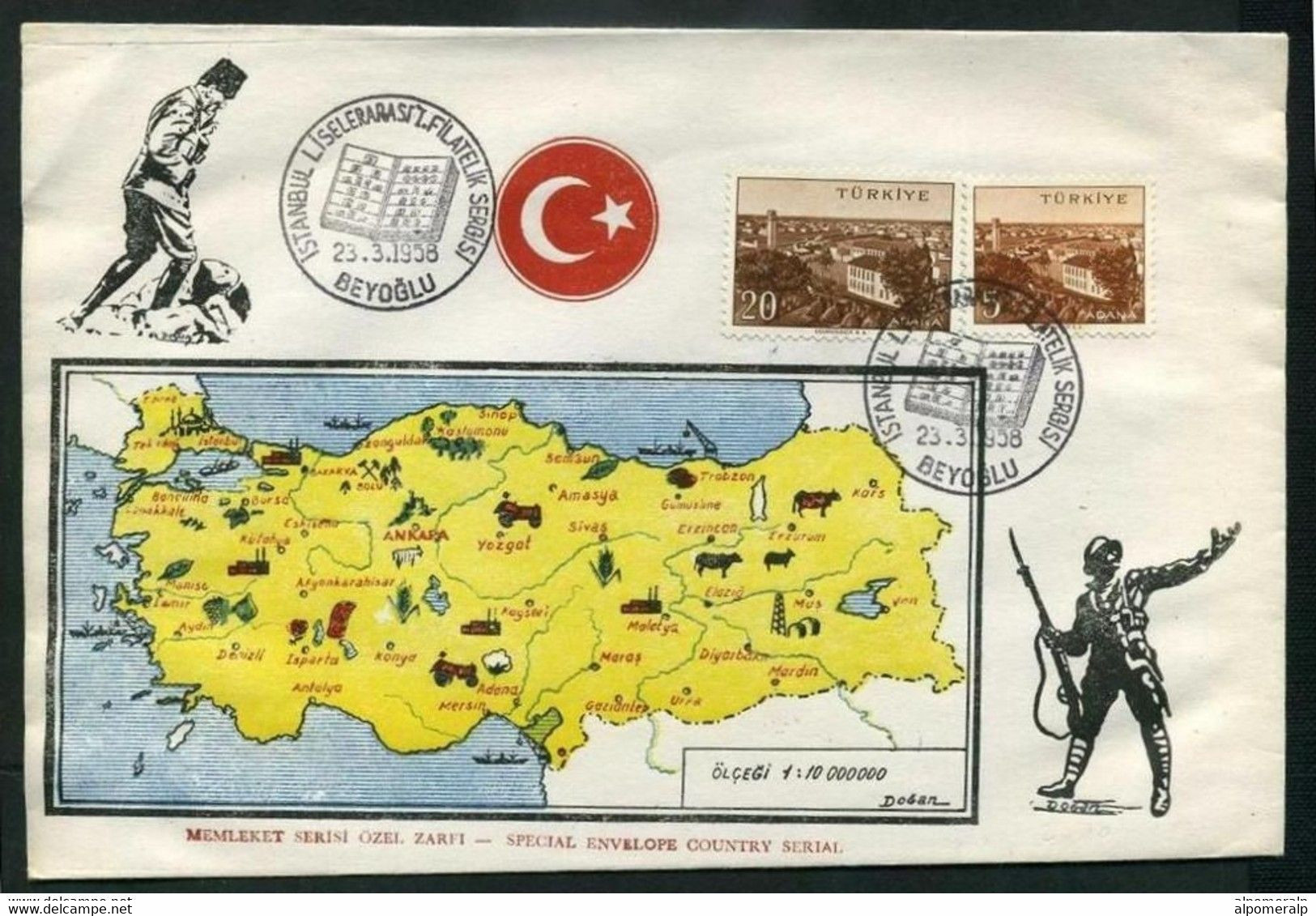 Turkey 1958 Philatelic Exhibition | Map And Flag Of Turkey | Soldier With Bayonet Rifle, Mar.23 | Special Postmark - Lettres & Documents