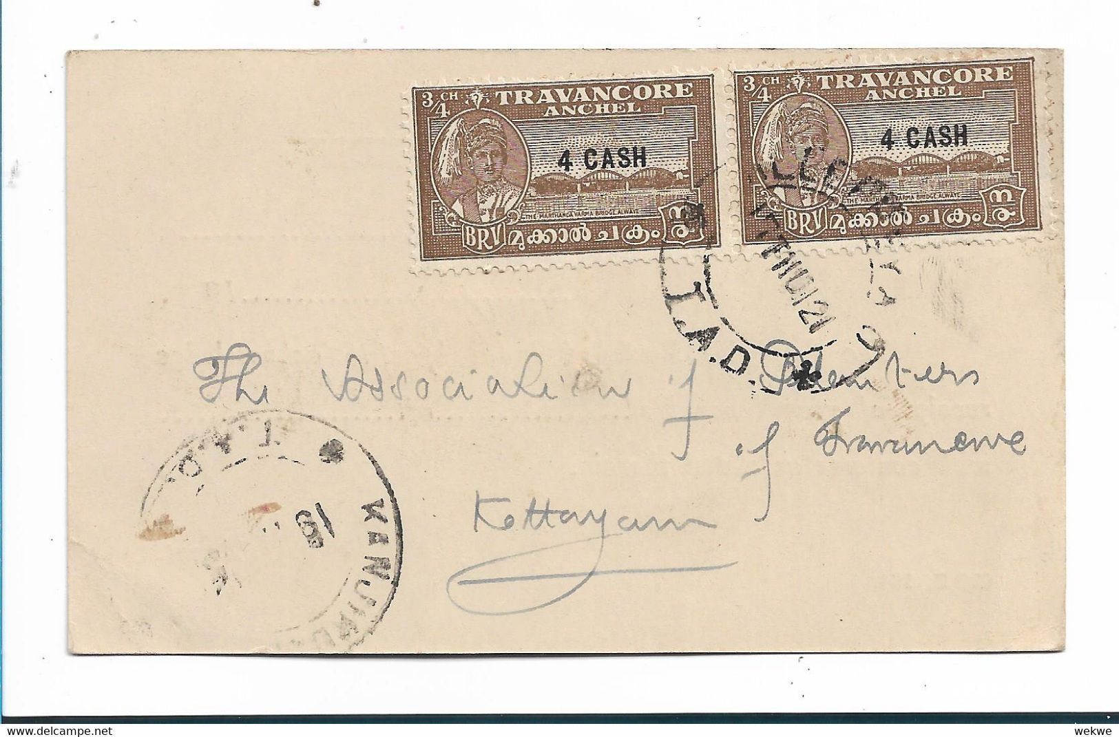 IST052 / INDIEN - TRAVANCORE Marthanda Varma Brücke Mit Porträt Des Regenten + Zudruck 4 CASH 1945 - Travancore