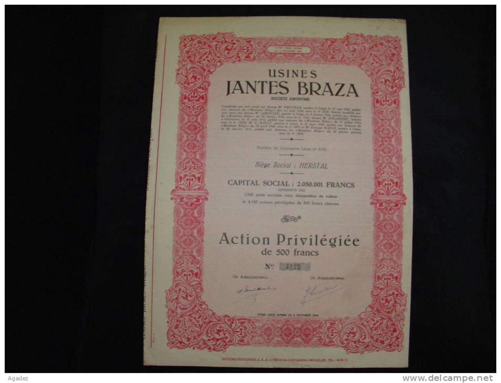Action"Usines Jantes Braza"Herstal 1951 Bon état,avec Tous Les Coupons - Auto's