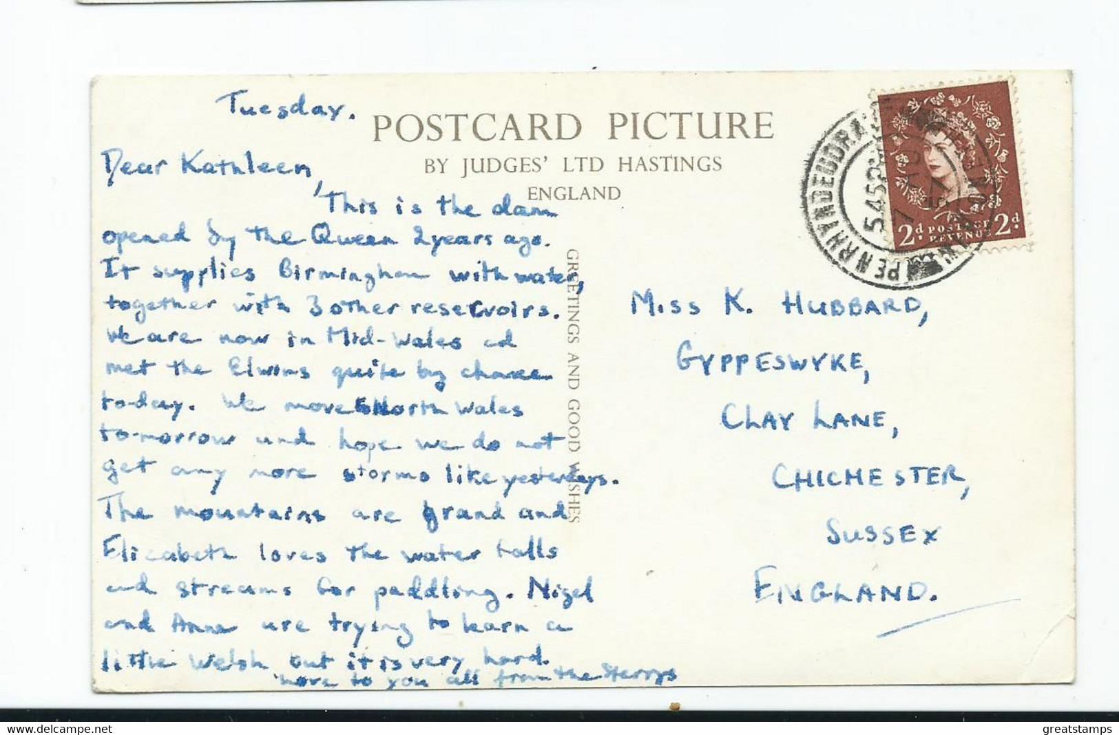 Postcard Rp Powys Wales Elan Vallet Claerwen  Dam  Posted 1957 Judges - Unknown County