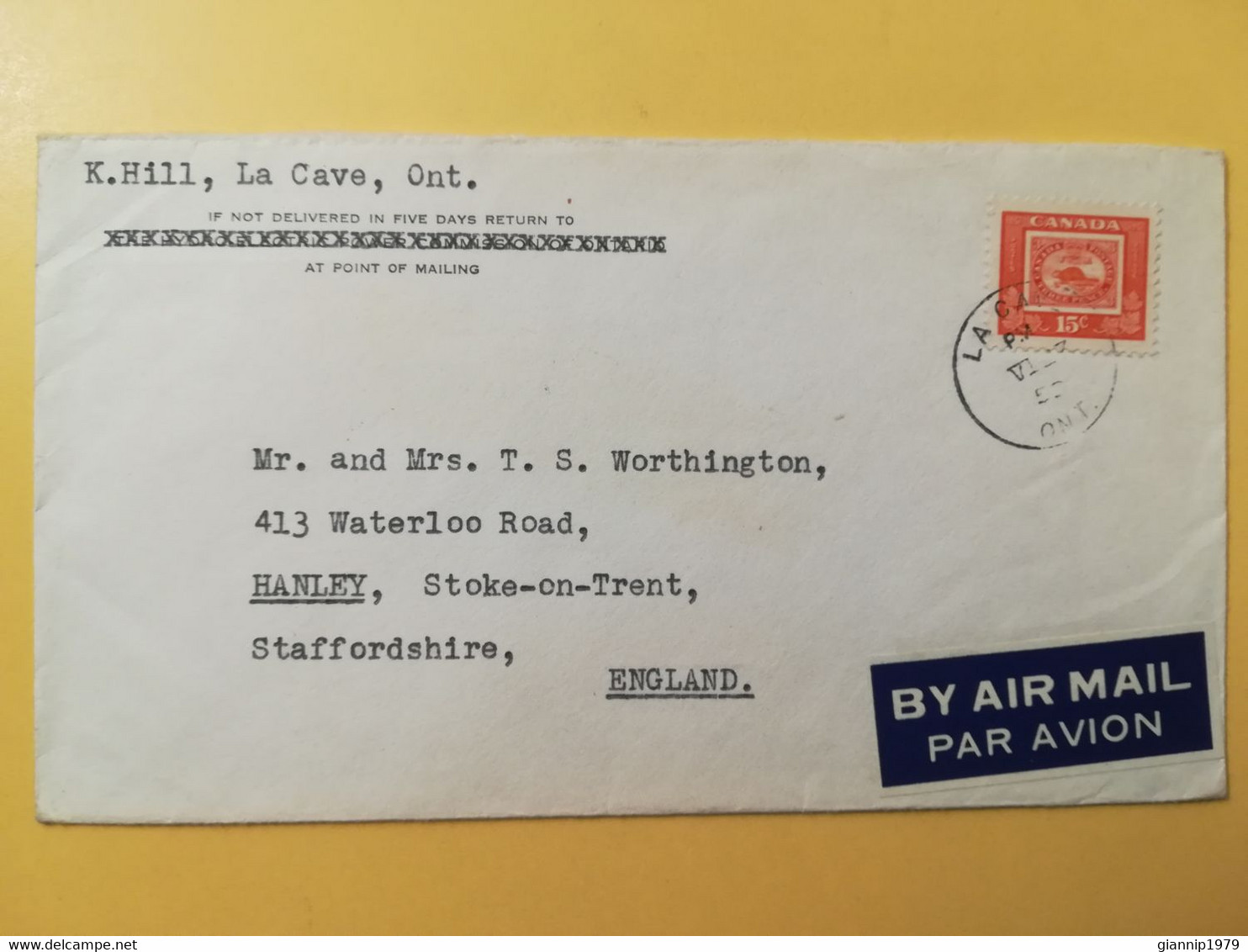 1953 BUSTA COVER AIR MAIL PAR AVION CANADA  BOLLO RIPRODUCTION OBLITERE' LA CAVE TO ENGLAND - Lettres & Documents