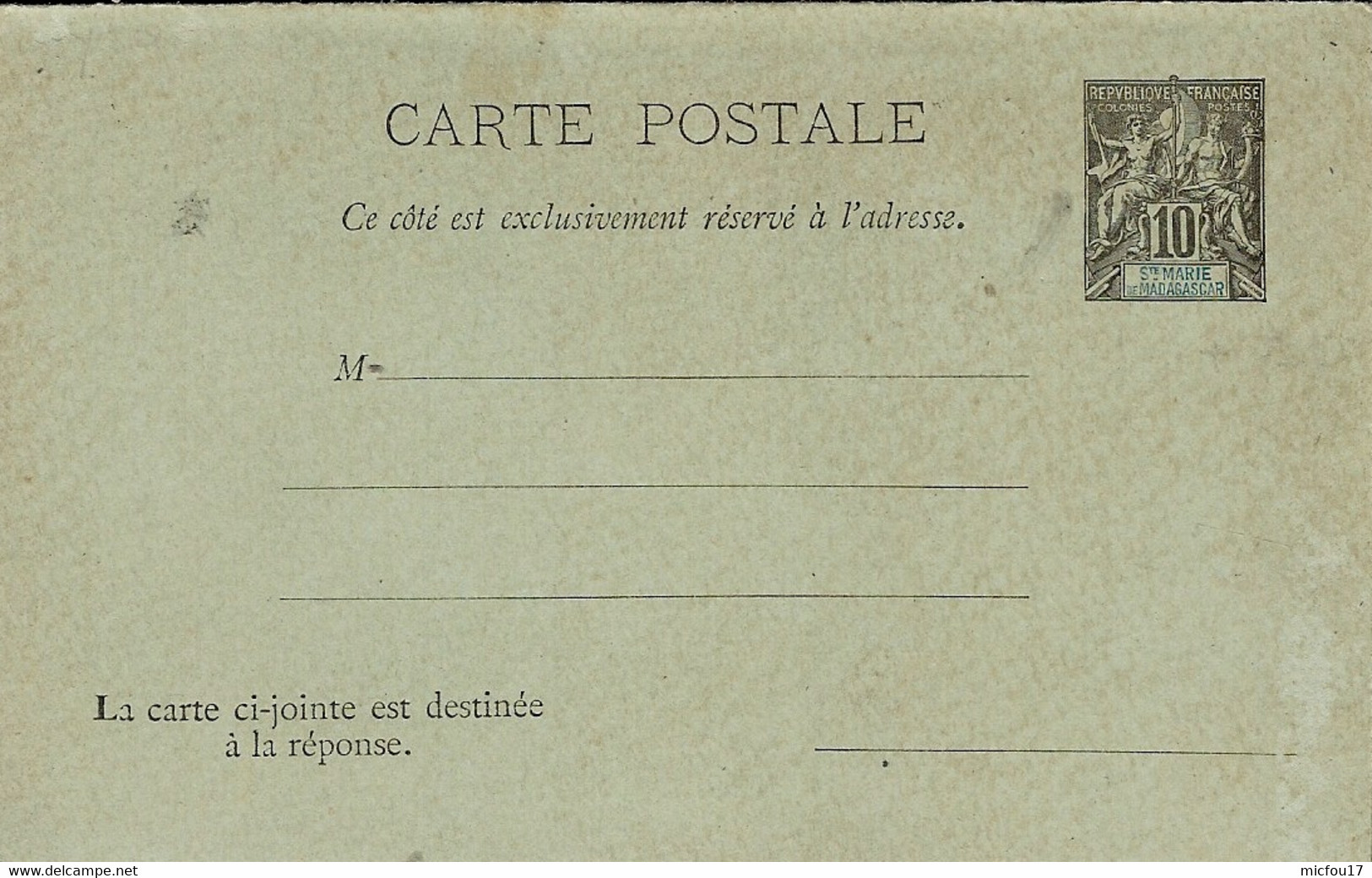 1892 - C P Avec REPONSE   10 C Groupe De Ste Marie De Madagascar   - Non Utilisée - Briefe U. Dokumente