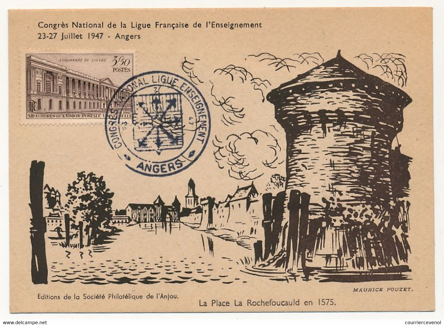 Congrès National De La Ligue Française De L'enseignement (23-27 Juillet 1947) - Vignette Au Dos Carte Phil. Cachet Tempo - Briefmarkenmessen