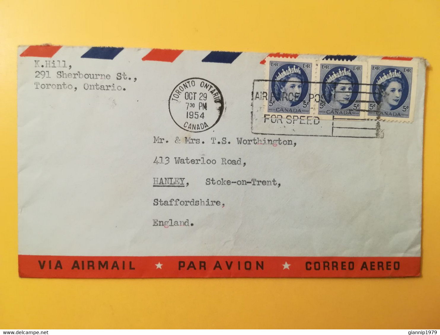 1954 BUSTA COVER AIR MAIL PAR AVION CANADA  BOLLO REGINA QUEEN ELIZABETH ELISABETTA OBLITERE' TORONTO TO ENGLAND - Lettres & Documents