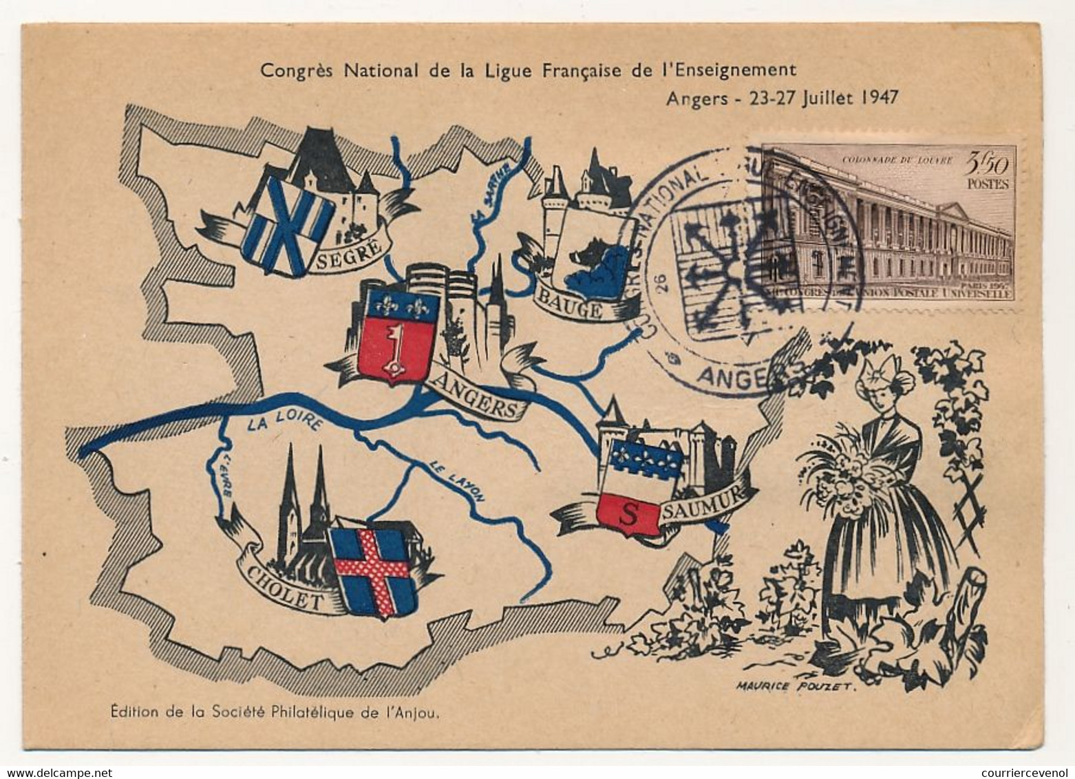 Congrès National De La Ligue Française De L'enseignement (23-27 Juillet 1947) - Vignette Au Dos Carte Phil. Cachet Tempo - Expositions Philatéliques