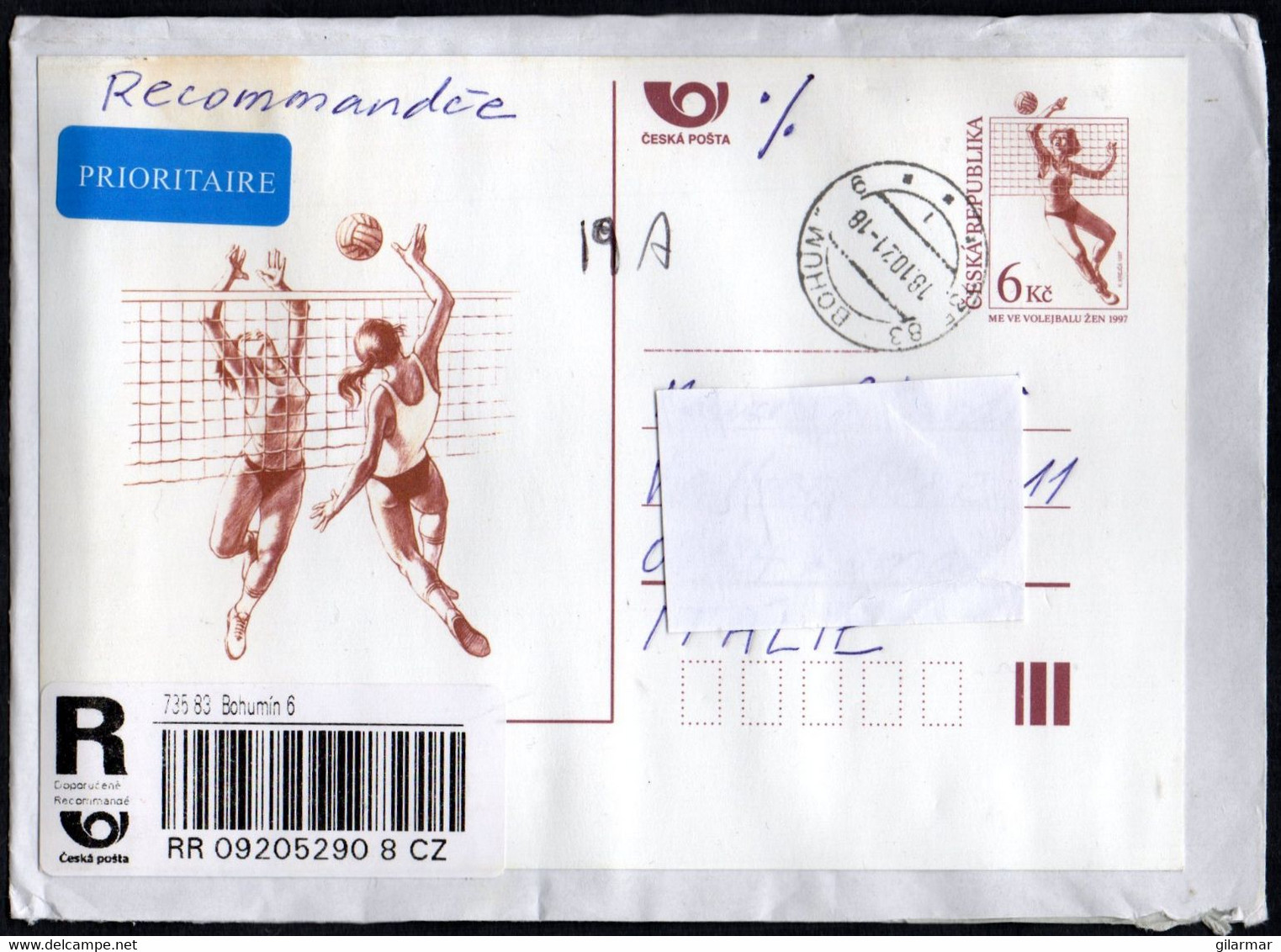 CZECH REPUBLIC 2021 - REGISTERED ENVELOPE - VOLLEYBALL POSTAL STATIONERY - BACK SIDE: BUTTERFLY / CARS / FLOWERS - Storia Postale