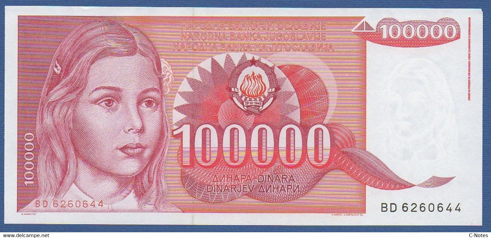 YUGOSLAVIA - P. 97 – 100.000 Dinara 1989 UNC-, Prefix BD6260644 - Yugoslavia