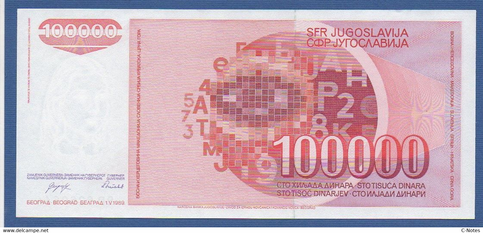 YUGOSLAVIA - P. 97 – 100.000 Dinara 1989 UNC-, Prefix BD6260644 - Yugoslavia