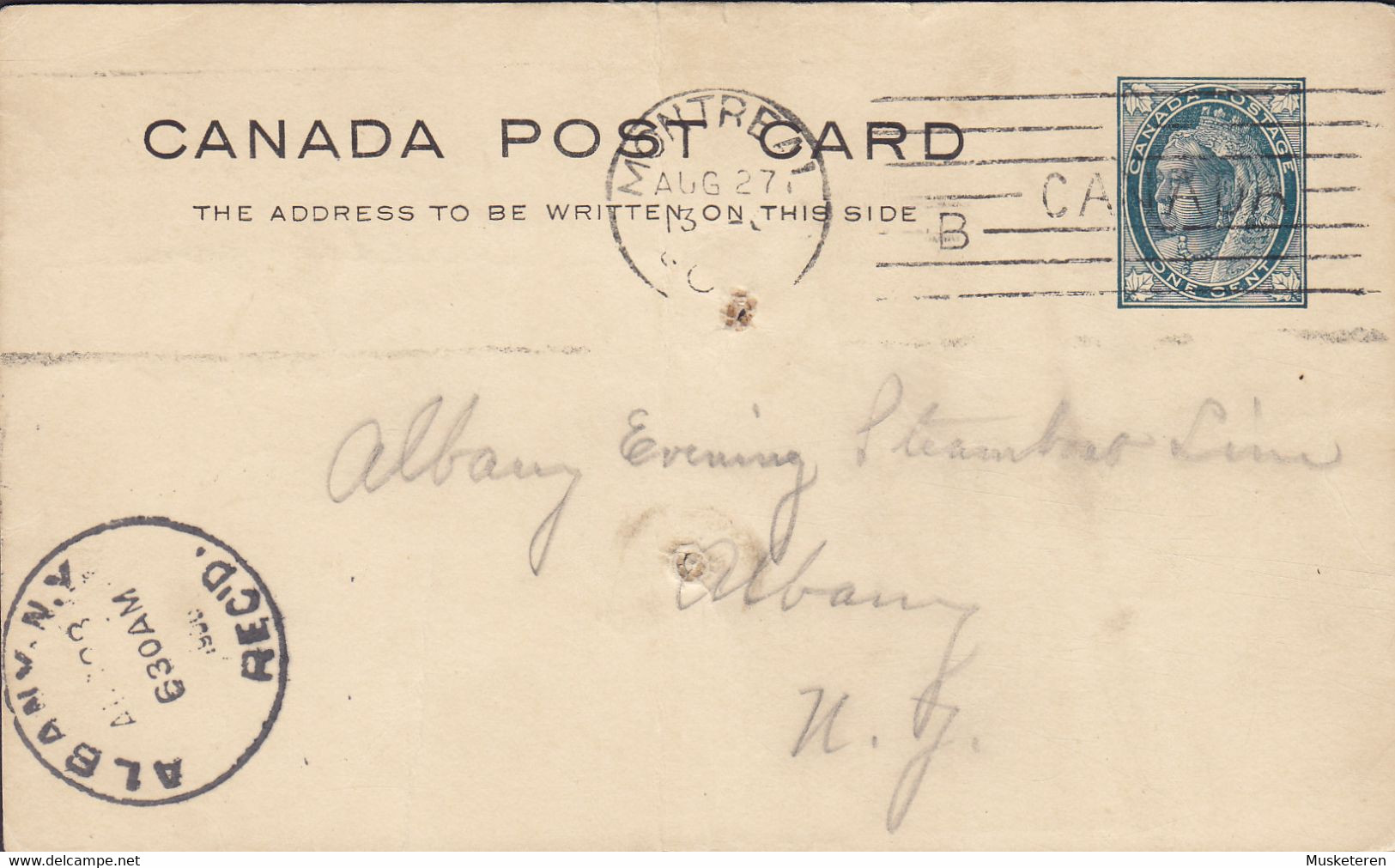 Canada Postal Stationery Ganzsache ONE Cent Victoria TMS. Cds. MONTREAL 1900 ALBANY N. Y. (Arr. Cds.) (2 Scans) - 1860-1899 Règne De Victoria