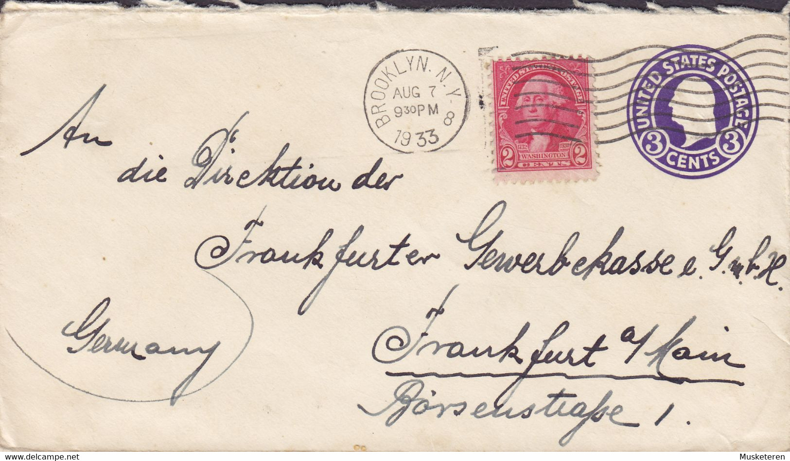 United States Uprated Postal Stationery Ganzsache BROOKLYN N.Y. 1933 Frankfurter GEWERBEKASSE FRANKFURT Germany - 1921-40