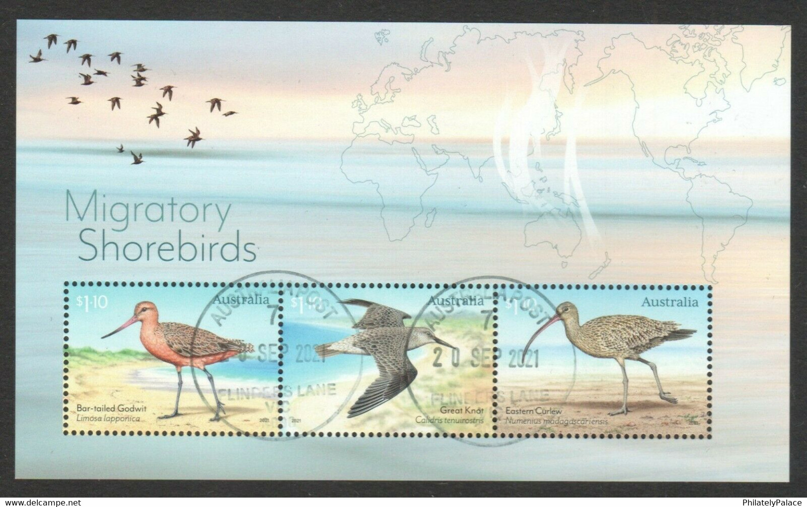 AUSTRALIA 2021 MIGRATORY SHOREBIRDS SOUVENIR SHEET OF 3 STAMPS IN FINE USED  (**) - Used Stamps