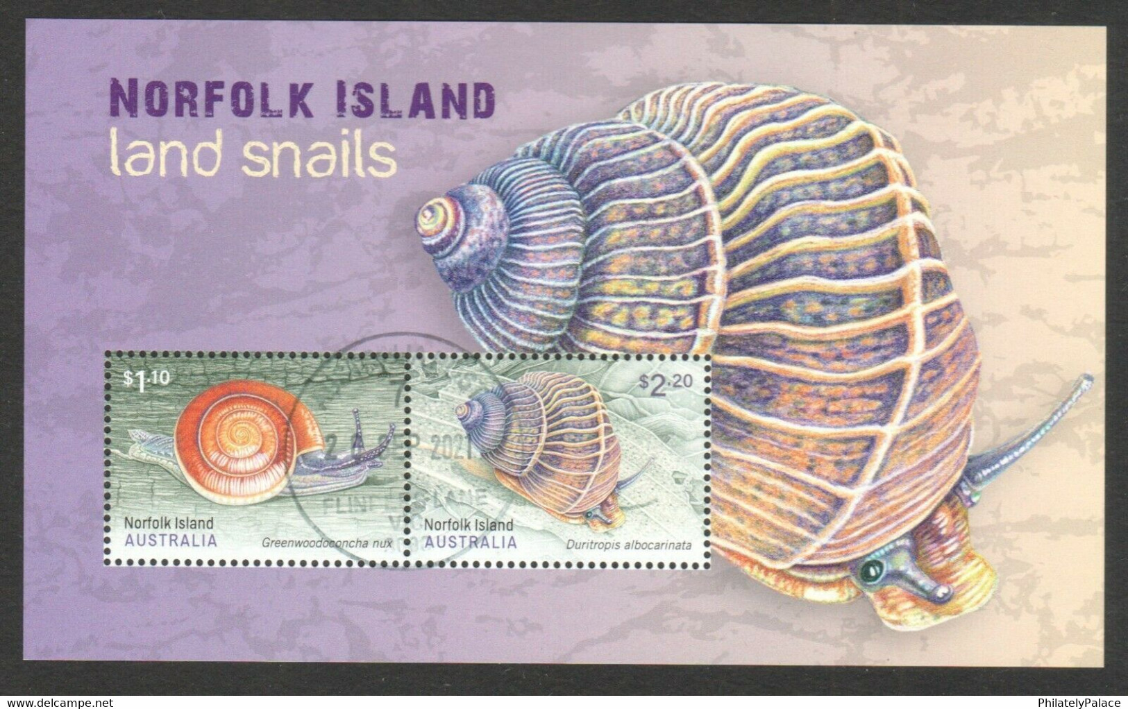 AUSTRALIA NORFOLK ISLAND 2021 LAND SNAILS SOUVENIR SHEET OF 2 STAMPS FINE USED  (**) - Used Stamps