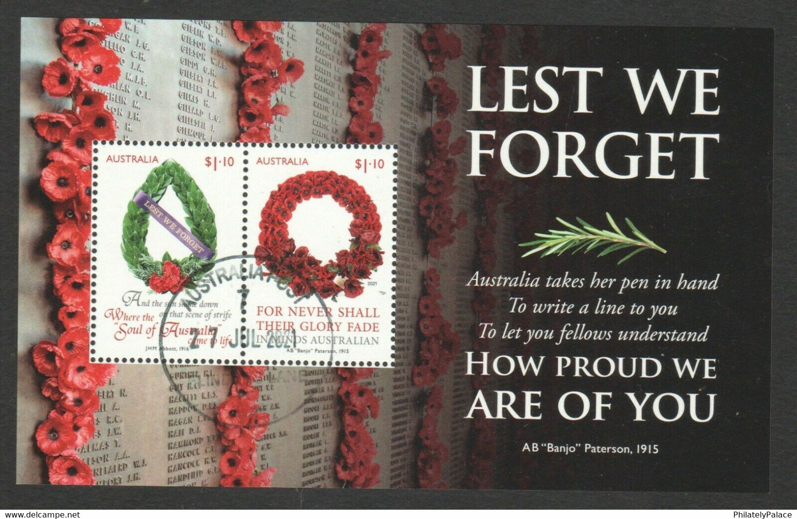 AUSTRALIA 2021 LEST WE FORGET SOUVENIR SHEET OF 2 STAMPS IN FINE USED CONDITION   (**) - Usati